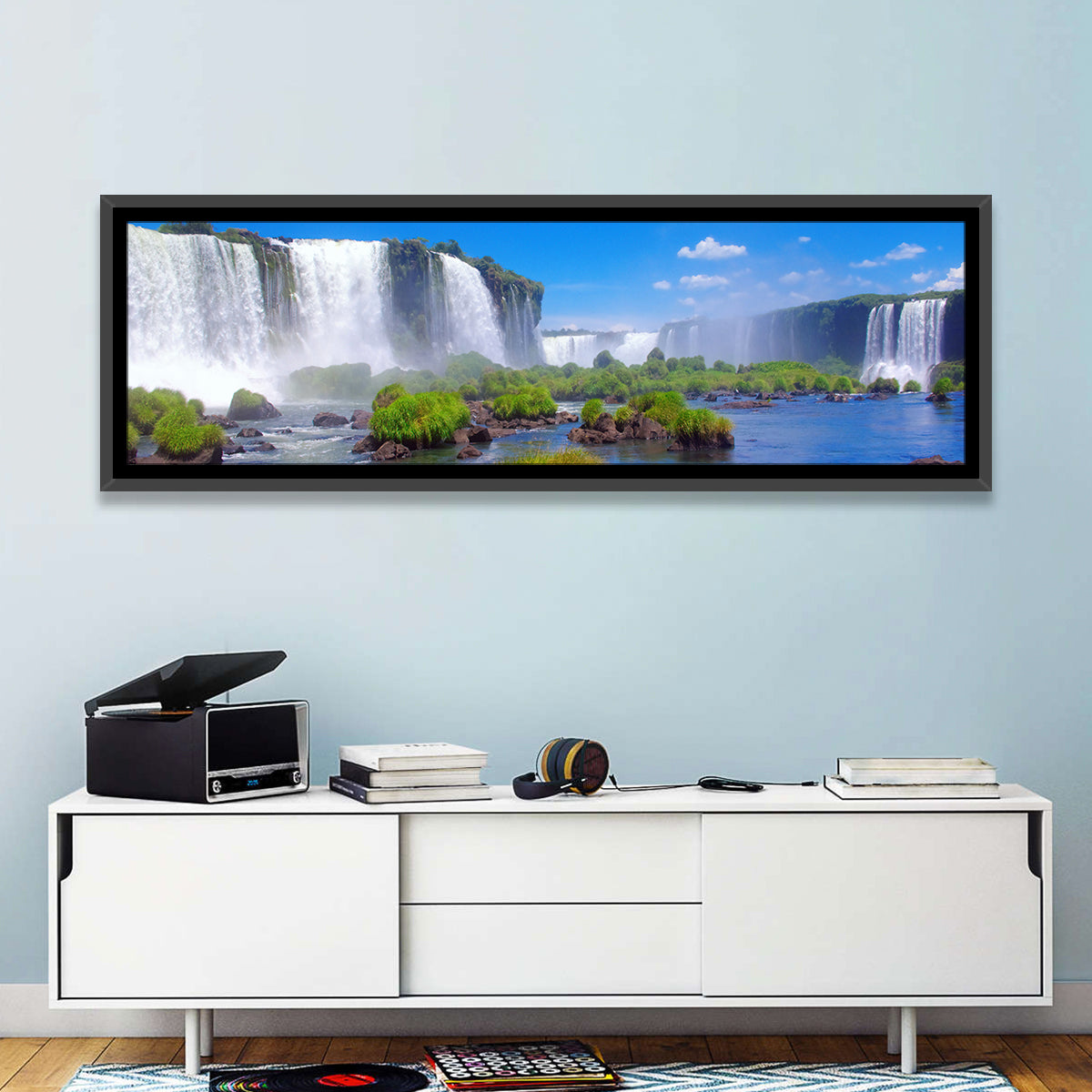 Iguazu Falls Daylight View Wall Art in a room, panoramic