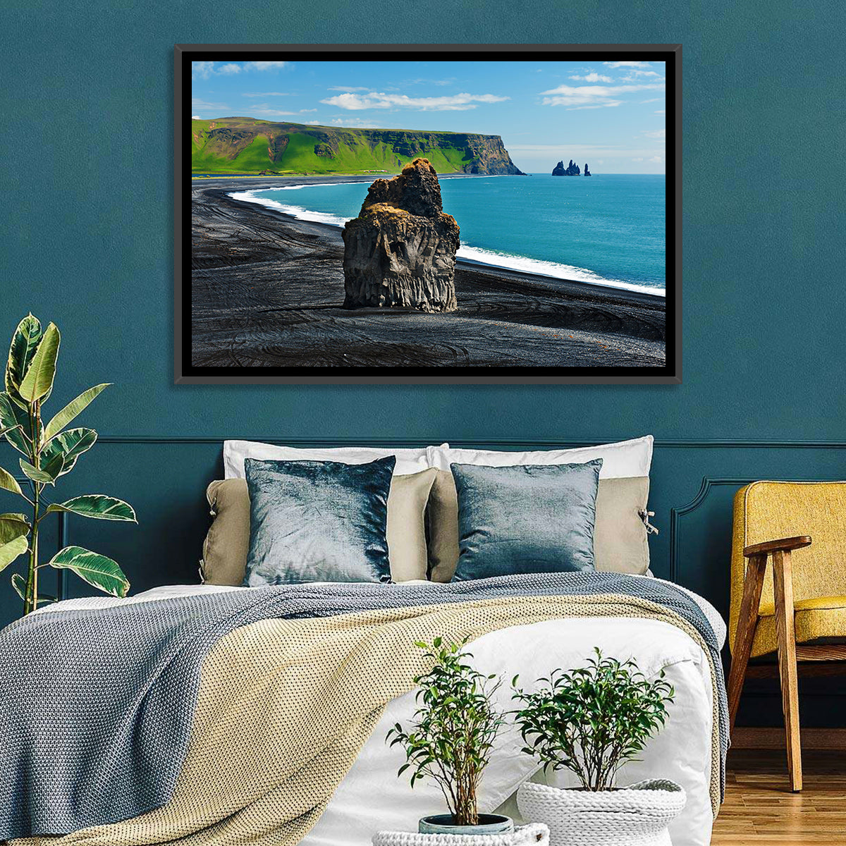 Dyrhólaey Volcanic Beach Wall Art in a room, landscape