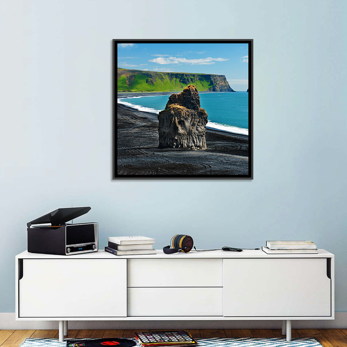 Dyrhólaey Volcanic Beach Wall Art in a room, landscape