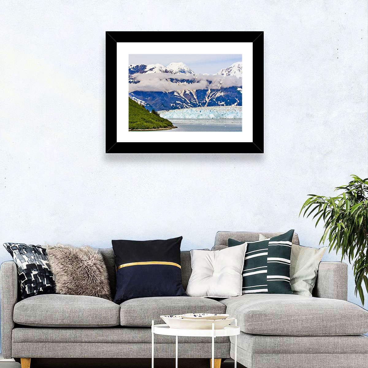 Hubbard Glacier and Snowcapped Peaks Wall Art in a room, landscape