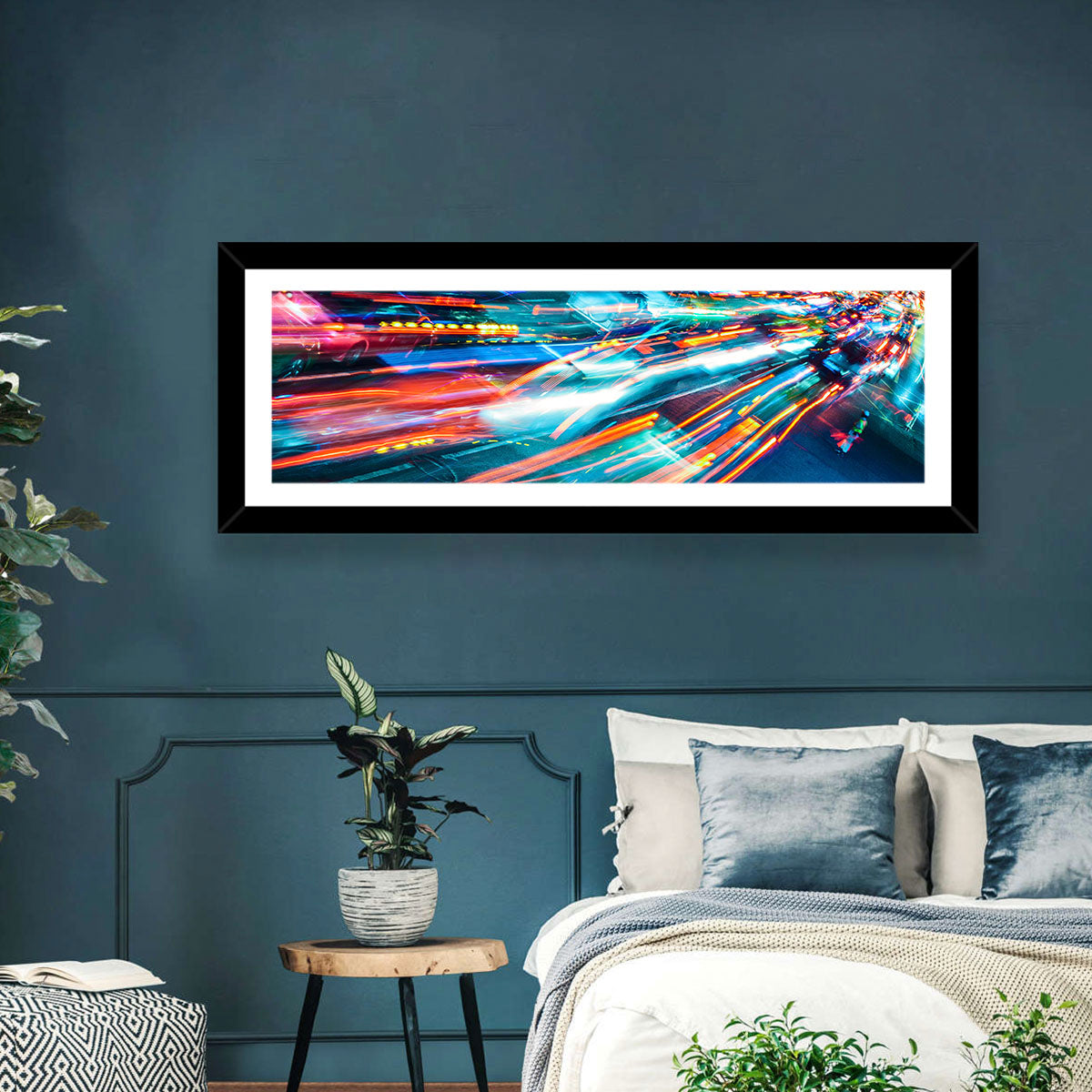 Night Traffic Light Trails Wall Art in a room, panoramic