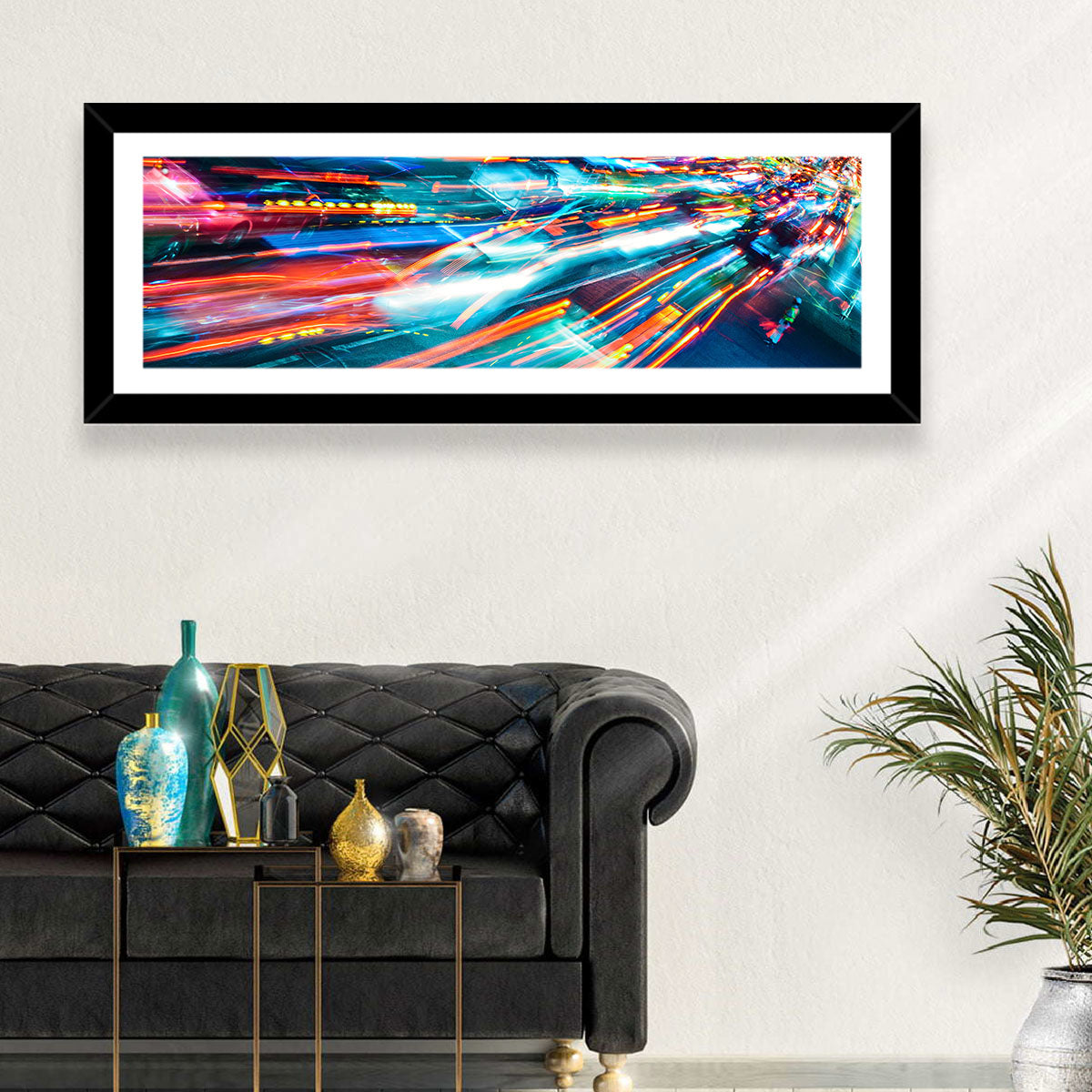 Night Traffic Light Trails Wall Art in a room, panoramic