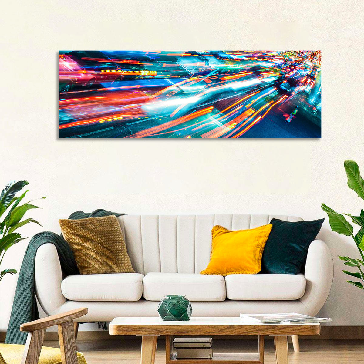 Night Traffic Light Trails Wall Art in a room, panoramic