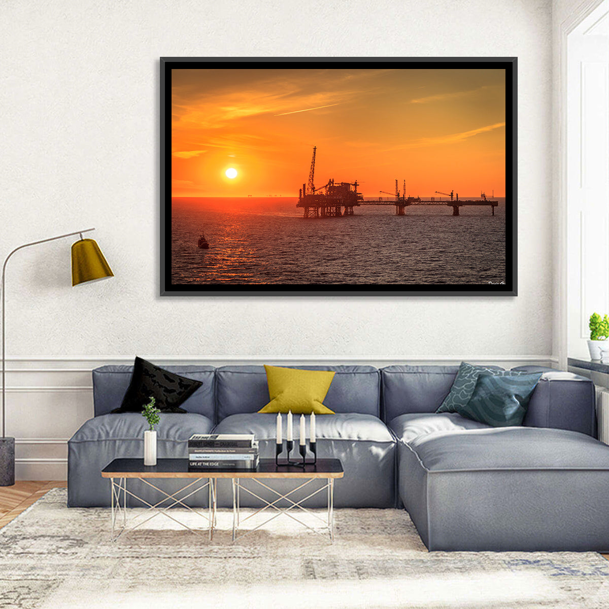 Denmark Oil Rig at Sunset Wall Art in a room, landscape
