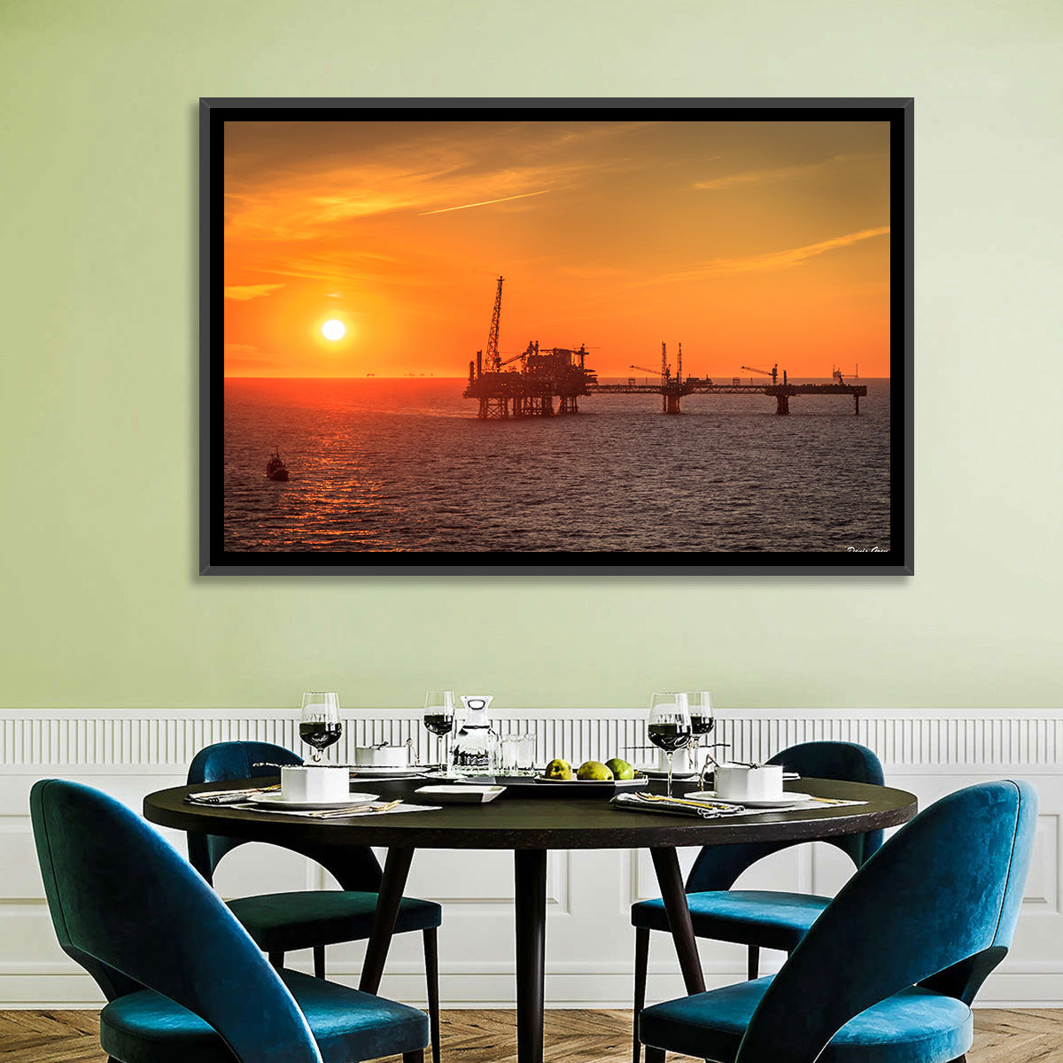 Denmark Oil Rig at Sunset Wall Art in a room, landscape