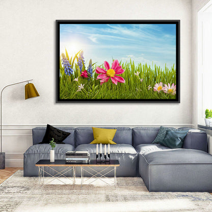 Pink Daisy and Blue Hyacinths in Spring Grass Wall Art