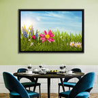 Pink Daisy and Blue Hyacinths in Spring Grass Wall Art