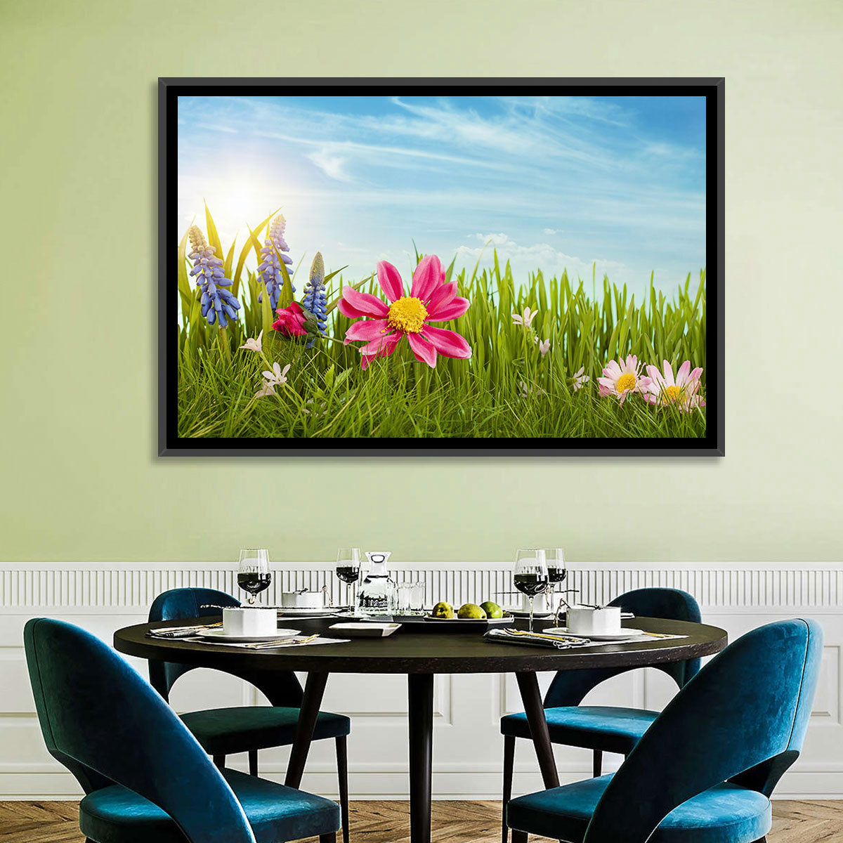 Pink Daisy and Blue Hyacinths in Spring Grass Wall Art
