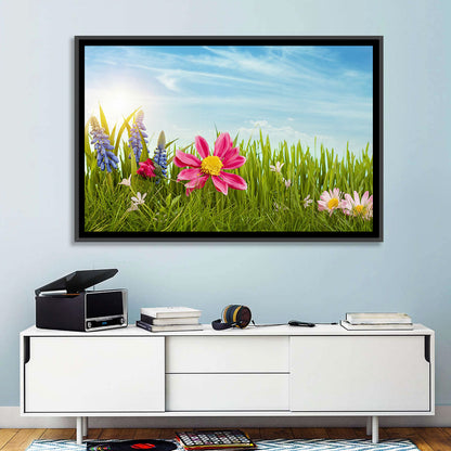 Pink Daisy and Blue Hyacinths in Spring Grass Wall Art