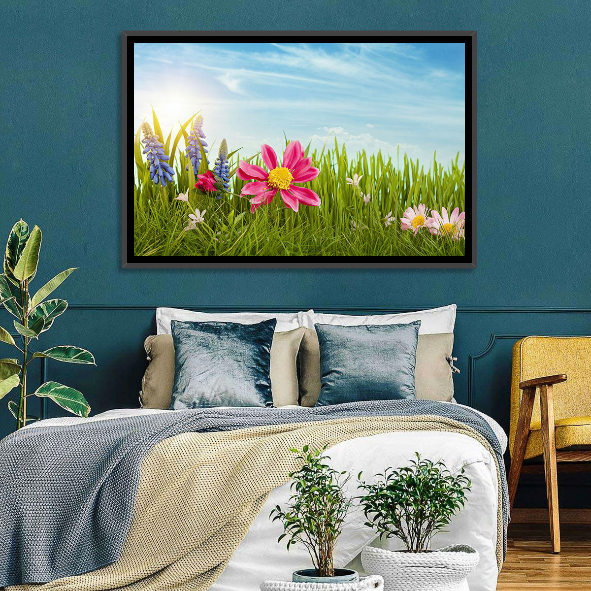 Pink Daisy and Blue Hyacinths in Spring Grass Wall Art