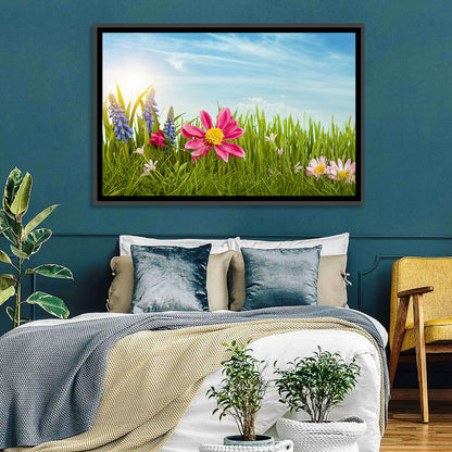 Pink Daisy and Blue Hyacinths in Spring Grass Wall Art