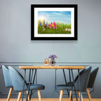 Pink Daisy and Blue Hyacinths in Spring Grass Wall Art