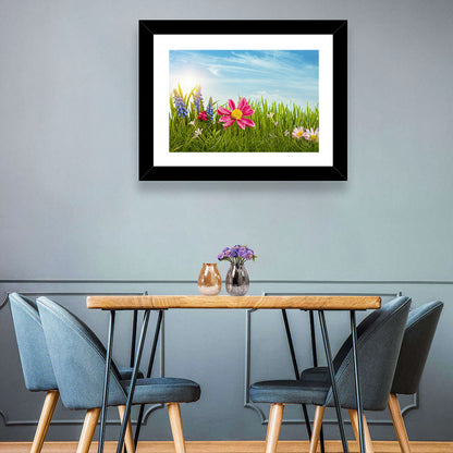 Pink Daisy and Blue Hyacinths in Spring Grass Wall Art