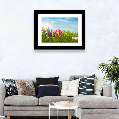 Pink Daisy and Blue Hyacinths in Spring Grass Wall Art