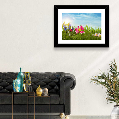 Pink Daisy and Blue Hyacinths in Spring Grass Wall Art