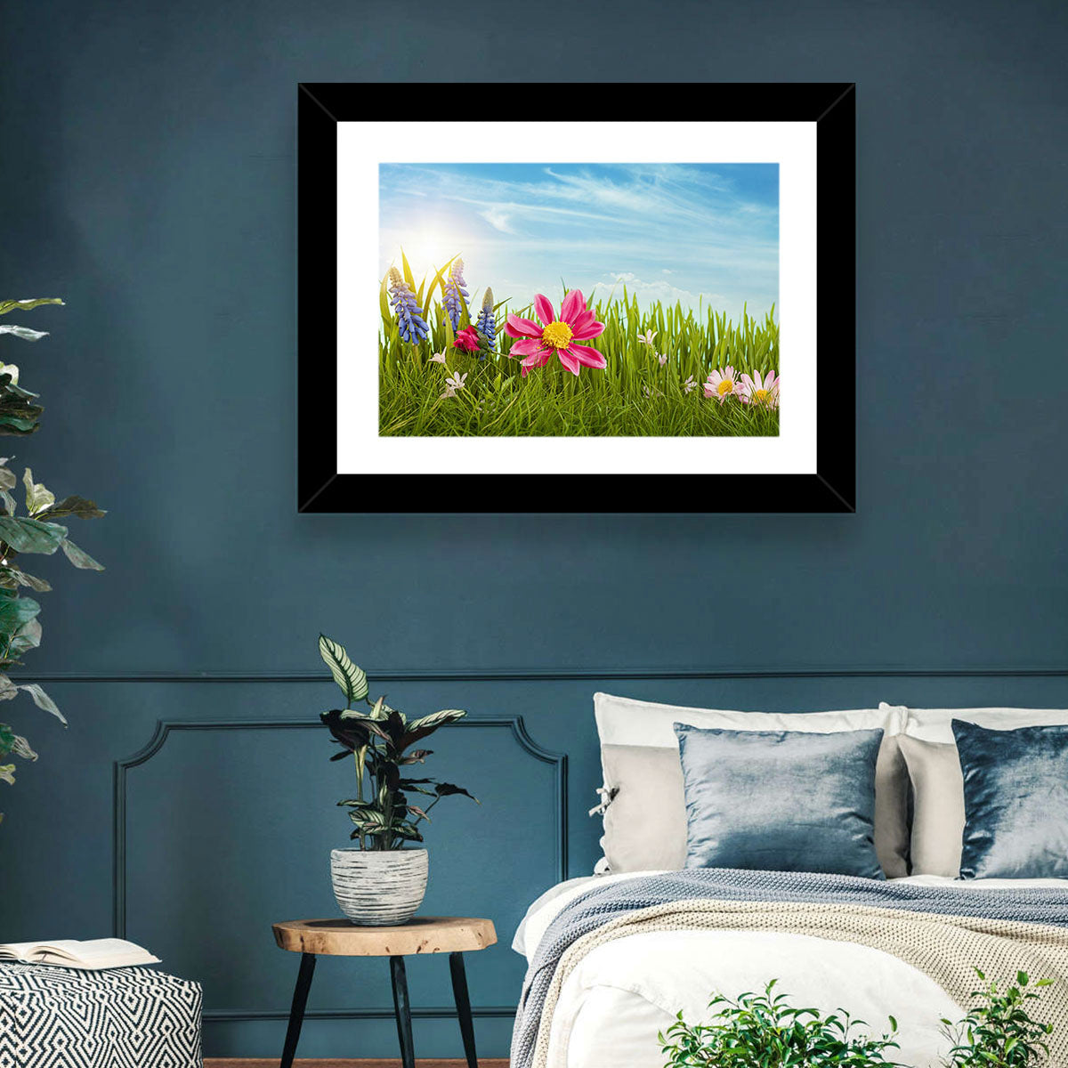 Pink Daisy and Blue Hyacinths in Spring Grass Wall Art