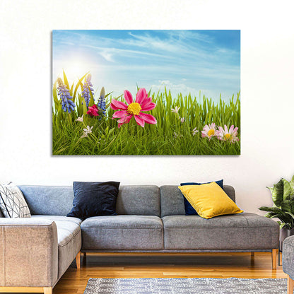 Pink Daisy and Blue Hyacinths in Spring Grass Wall Art