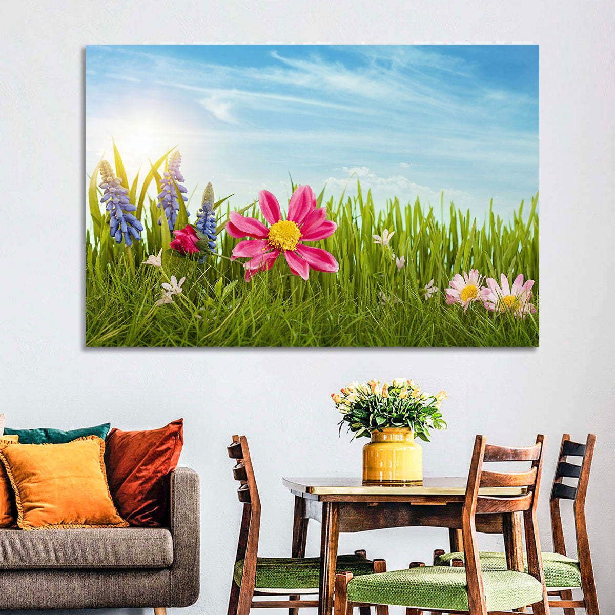 Pink Daisy and Blue Hyacinths in Spring Grass Wall Art