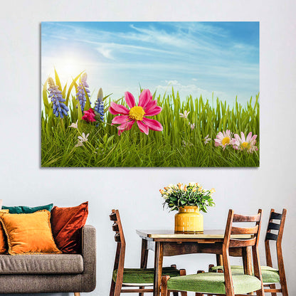 Pink Daisy and Blue Hyacinths in Spring Grass Wall Art