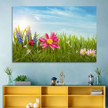 Pink Daisy and Blue Hyacinths in Spring Grass Wall Art