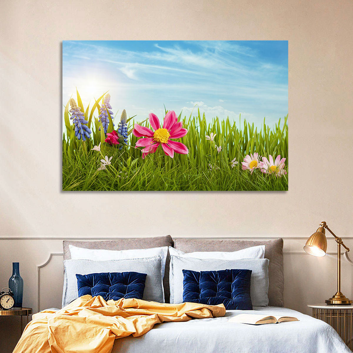 Pink Daisy and Blue Hyacinths in Spring Grass Wall Art