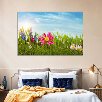 Pink Daisy and Blue Hyacinths in Spring Grass Wall Art