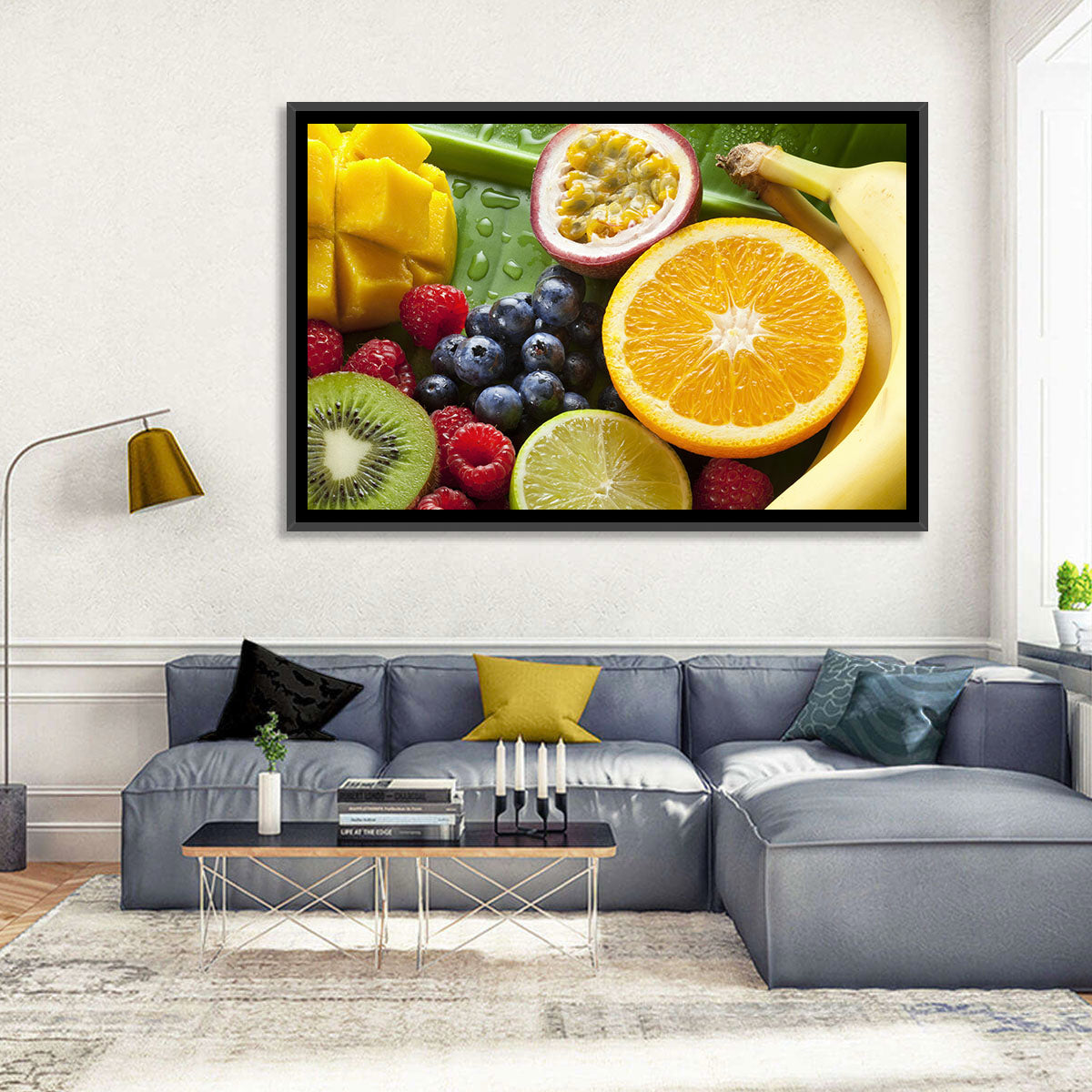 Vibrant Fresh Fruit Flat Lay Wall Art in a room, landscape