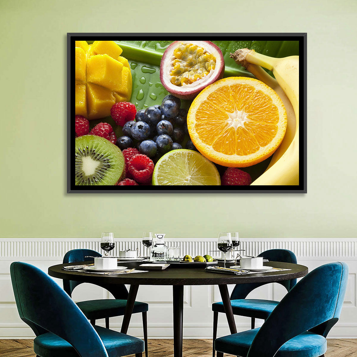 Vibrant Fresh Fruit Flat Lay Wall Art in a room, landscape
