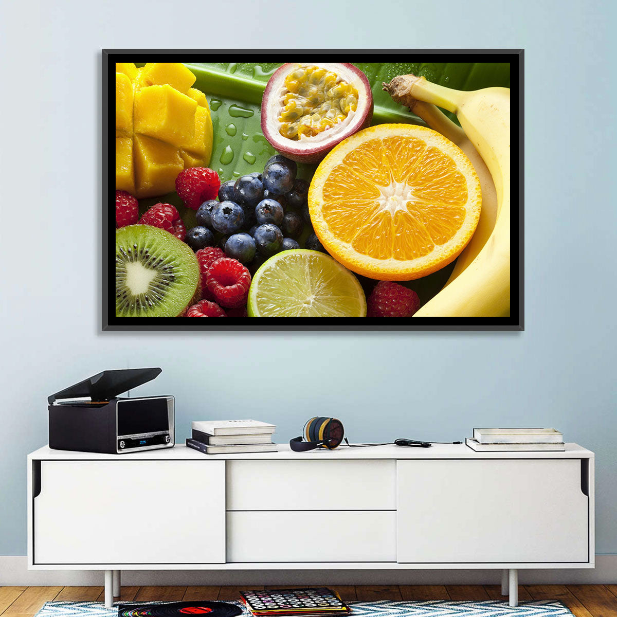 Vibrant Fresh Fruit Flat Lay Wall Art in a room, landscape