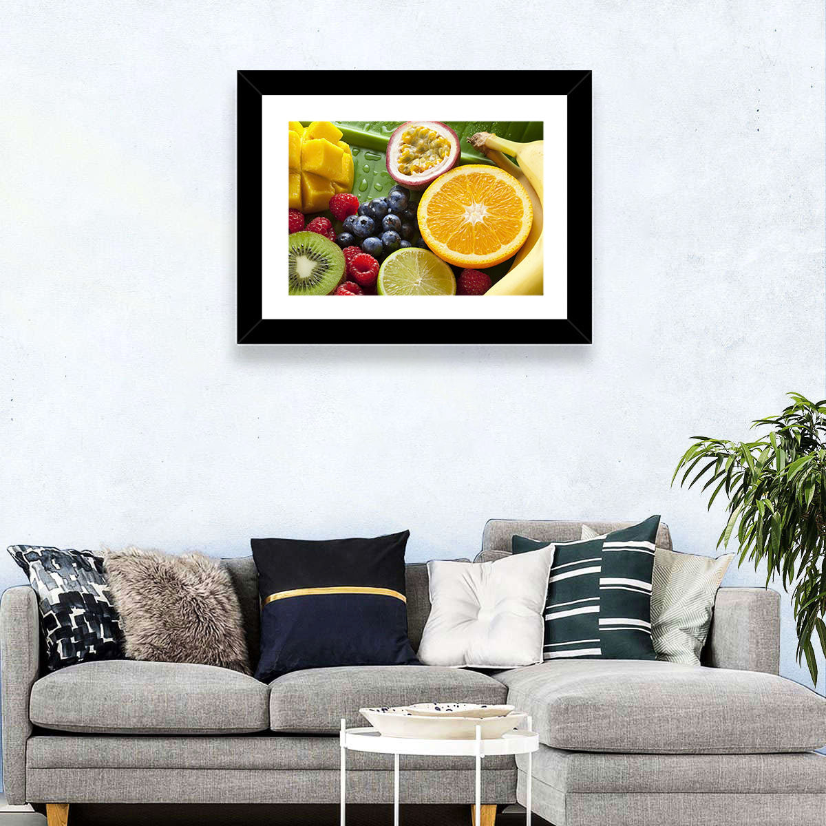 Vibrant Fresh Fruit Flat Lay Wall Art in a room, landscape