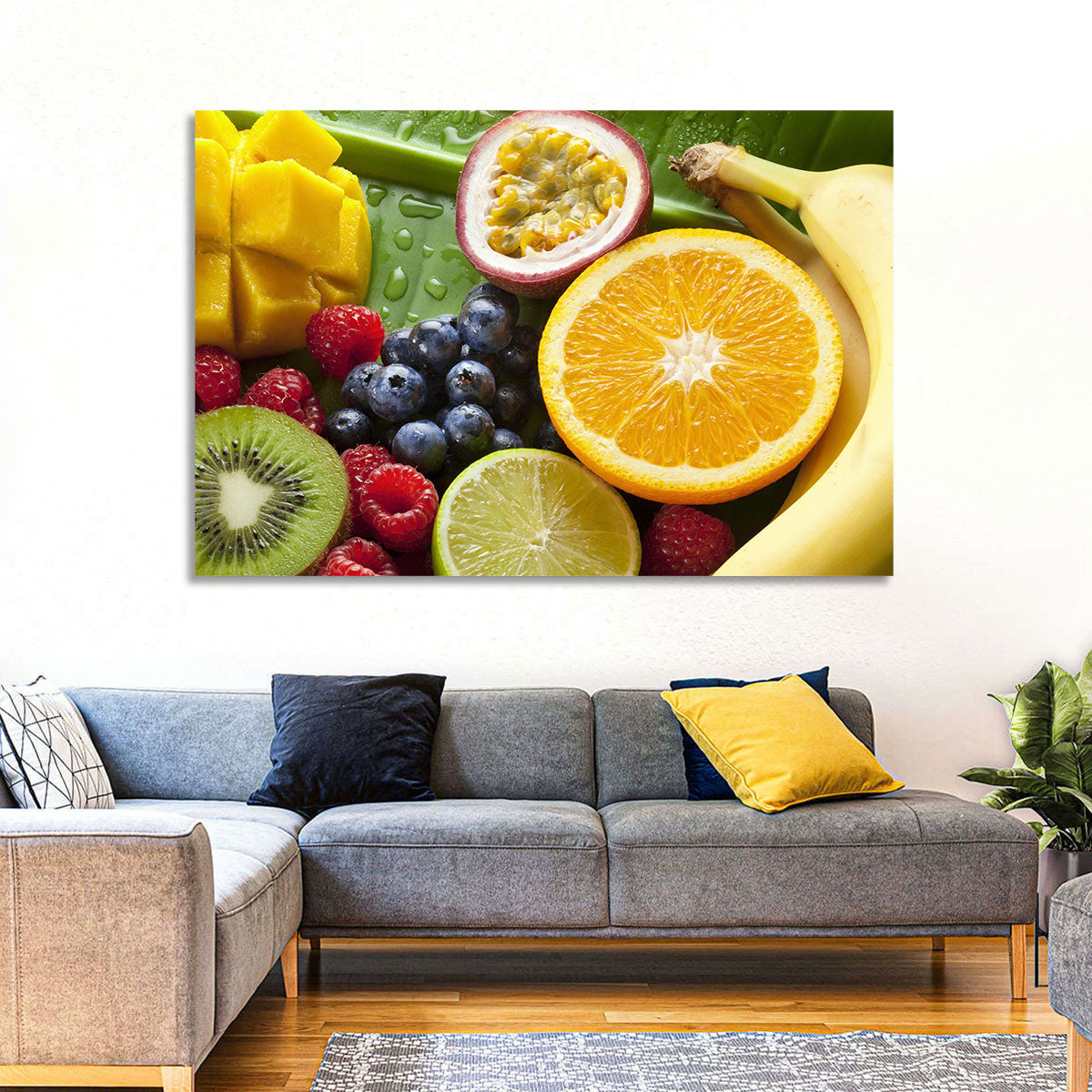 Vibrant Fresh Fruit Flat Lay Wall Art in a room, landscape
