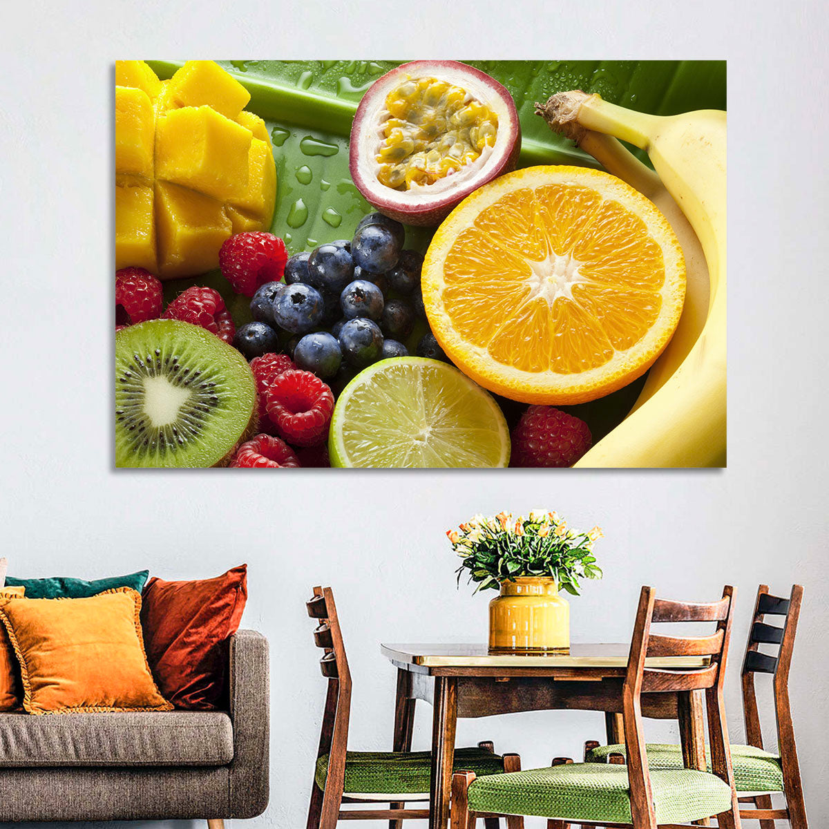 Vibrant Fresh Fruit Flat Lay Wall Art in a room, landscape