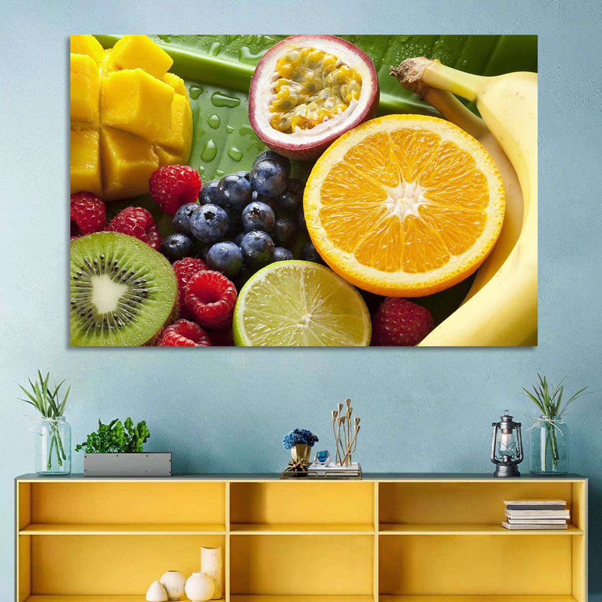 Vibrant Fresh Fruit Flat Lay Wall Art in a room, landscape