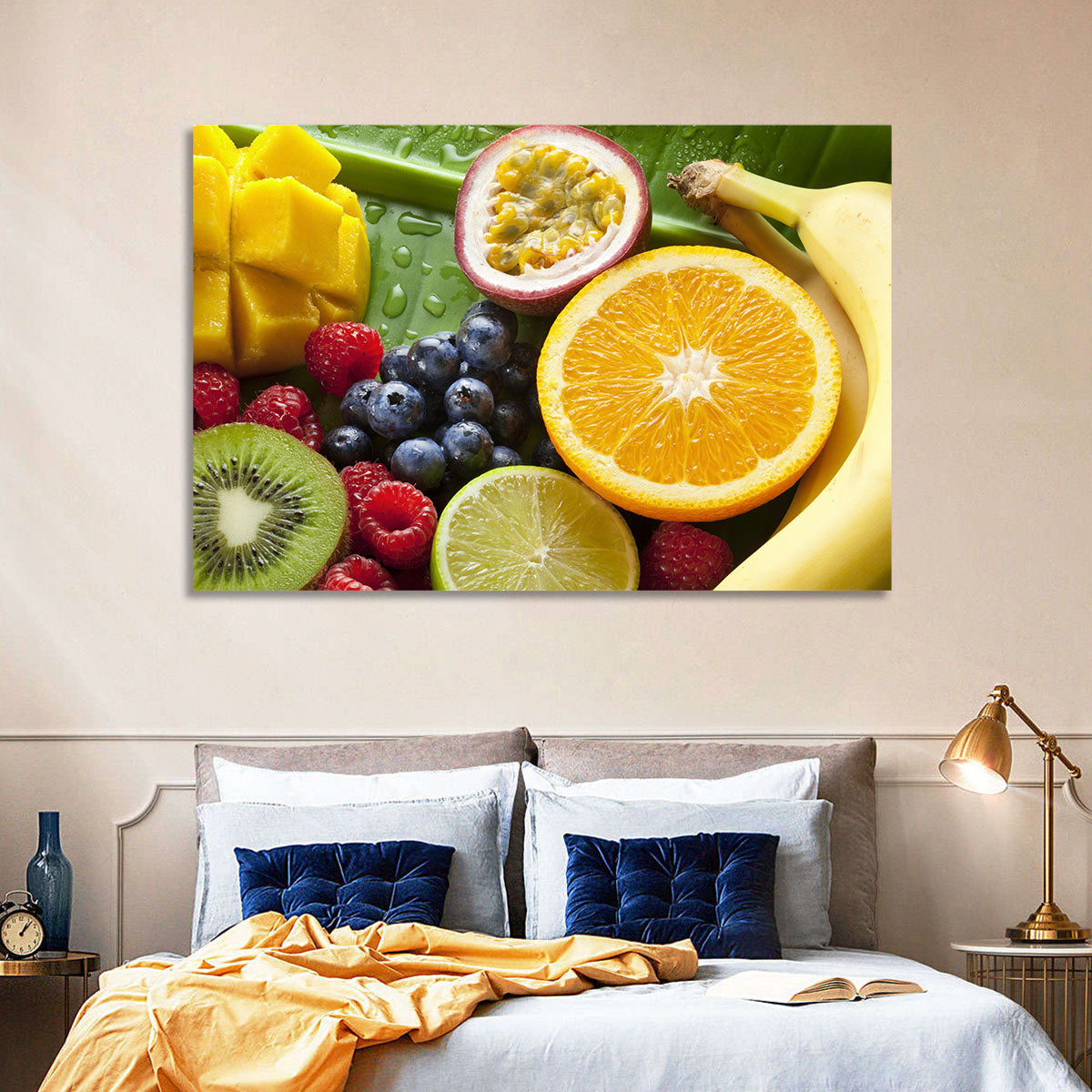 Vibrant Fresh Fruit Flat Lay Wall Art in a room, landscape