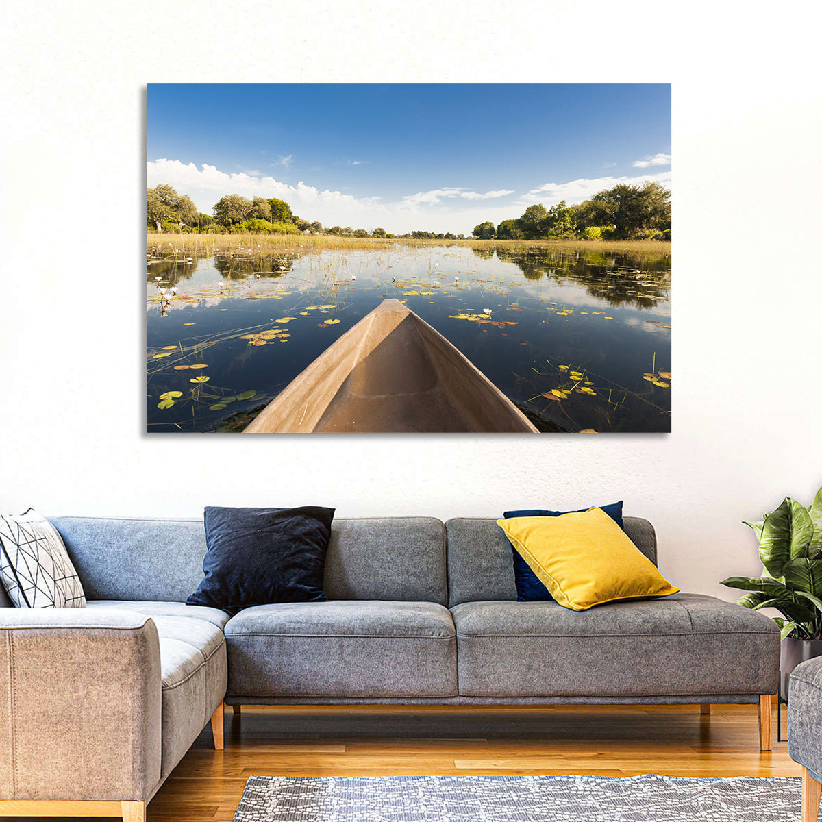 Mokoro Canoe in Okavango Delta Wall Art in a room, landscape