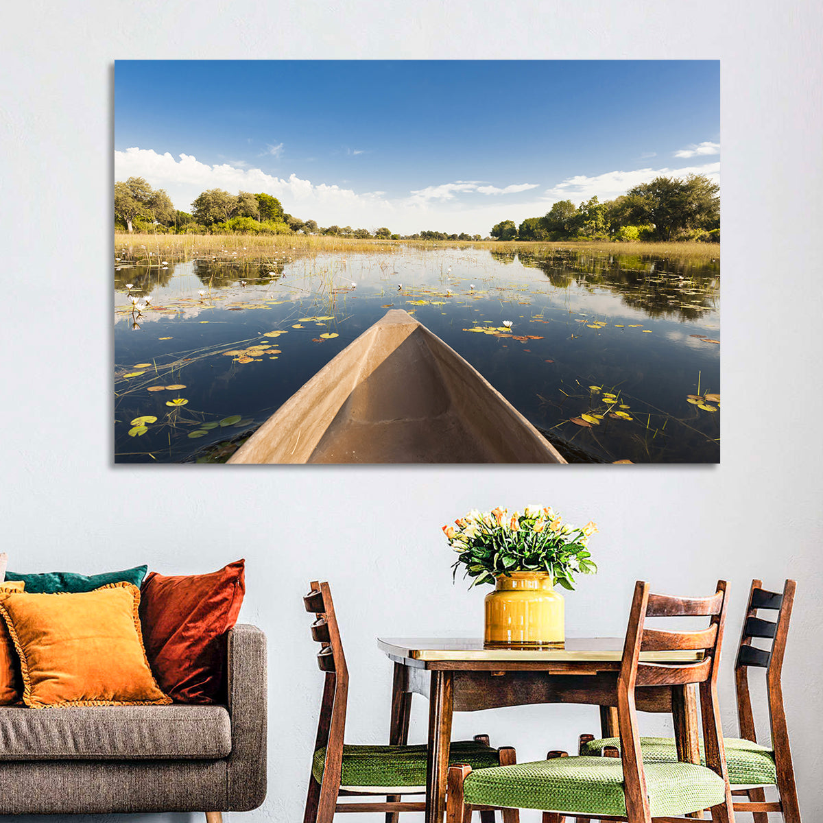 Mokoro Canoe in Okavango Delta Wall Art in a room, landscape