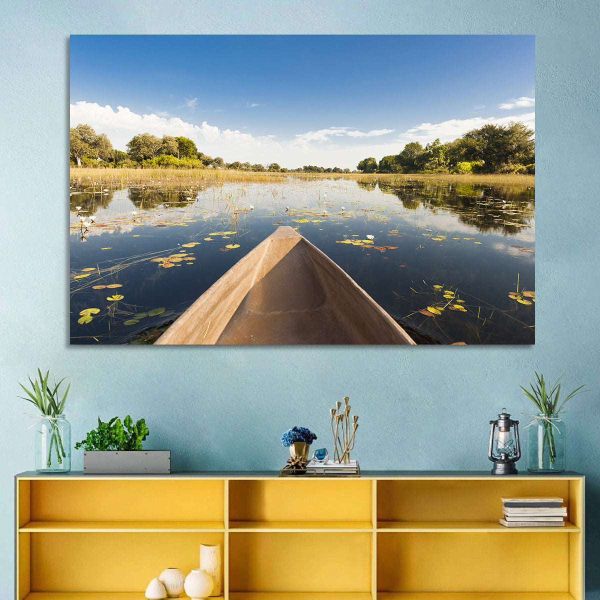 Mokoro Canoe in Okavango Delta Wall Art in a room, landscape