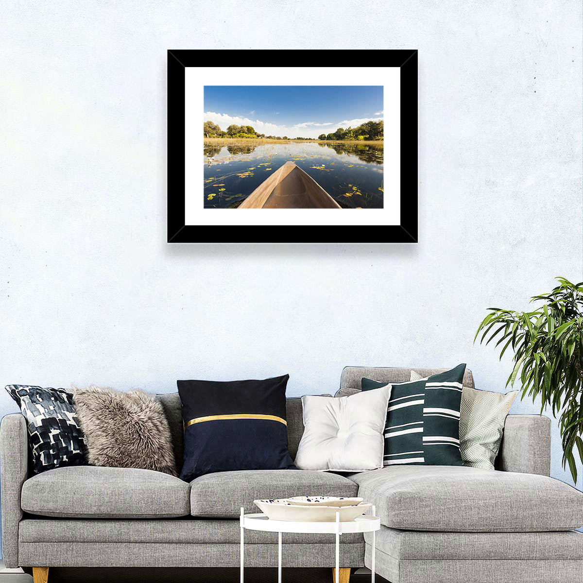 Mokoro Canoe in Okavango Delta Wall Art in a room, landscape