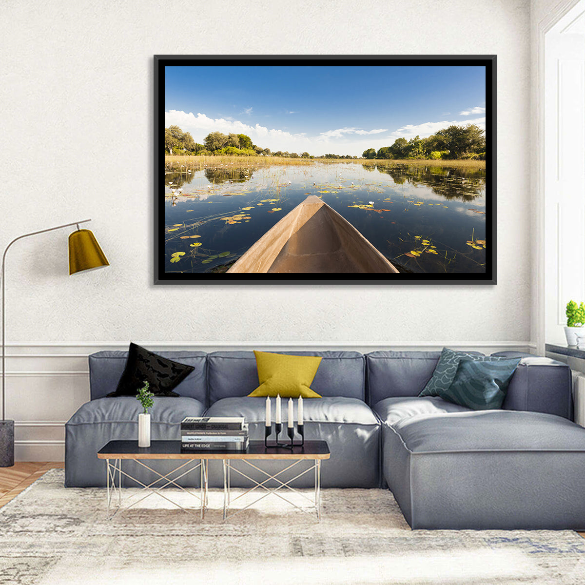 Mokoro Canoe in Okavango Delta Wall Art in a room, landscape