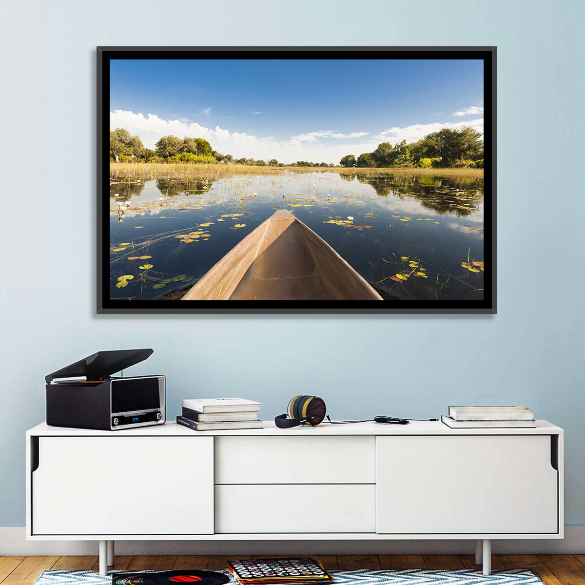 Mokoro Canoe in Okavango Delta Wall Art in a room, landscape