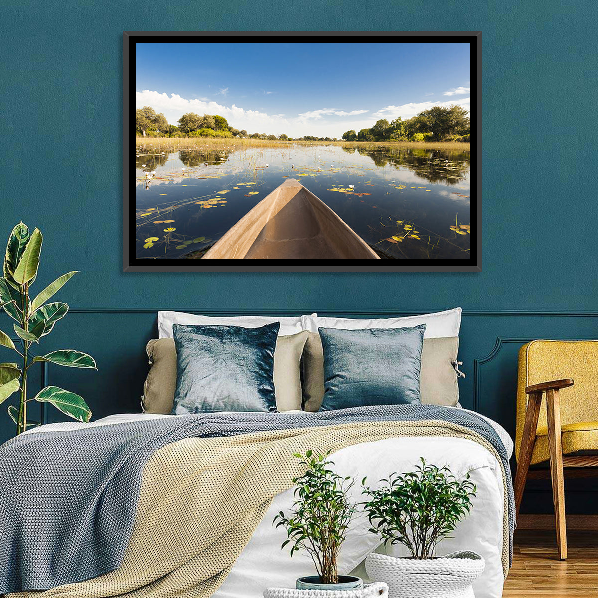 Mokoro Canoe in Okavango Delta Wall Art in a room, landscape