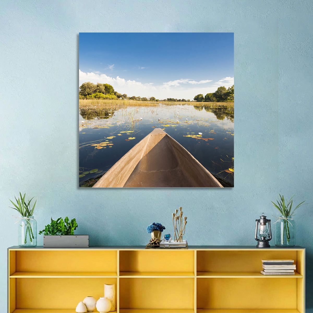 Mokoro Canoe in Okavango Delta Wall Art in a room, landscape