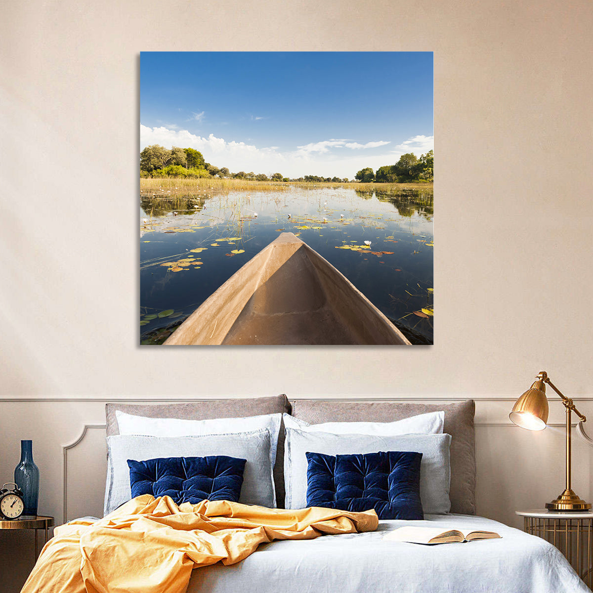 Mokoro Canoe in Okavango Delta Wall Art in a room, landscape