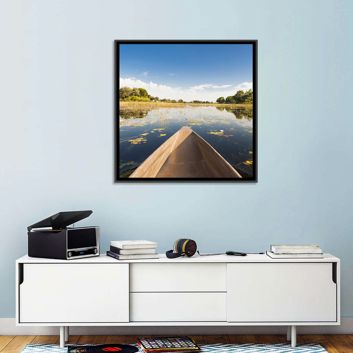 Mokoro Canoe in Okavango Delta Wall Art in a room, landscape