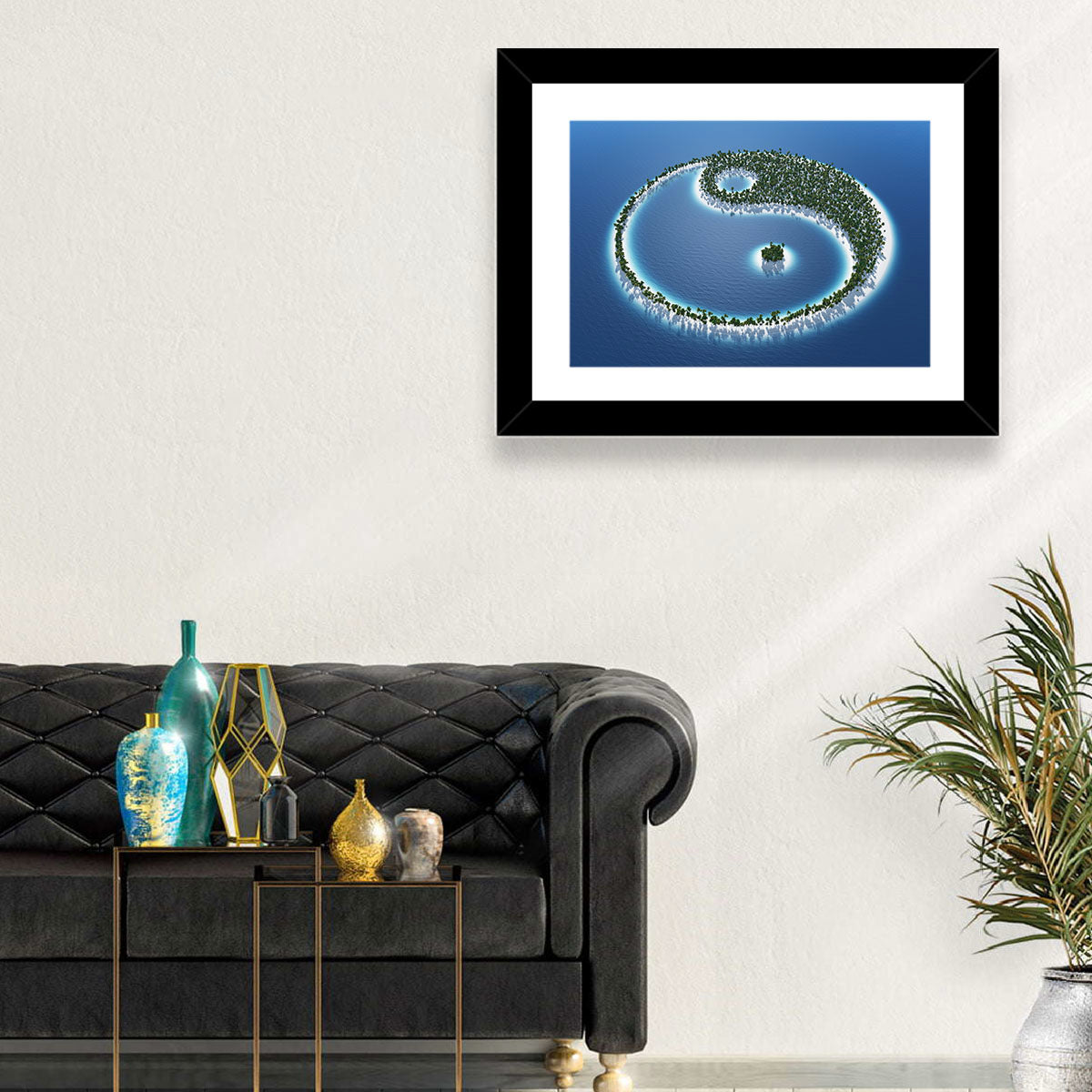 Yin Yang Tropical Island Aerial Wall Art in a room, landscape