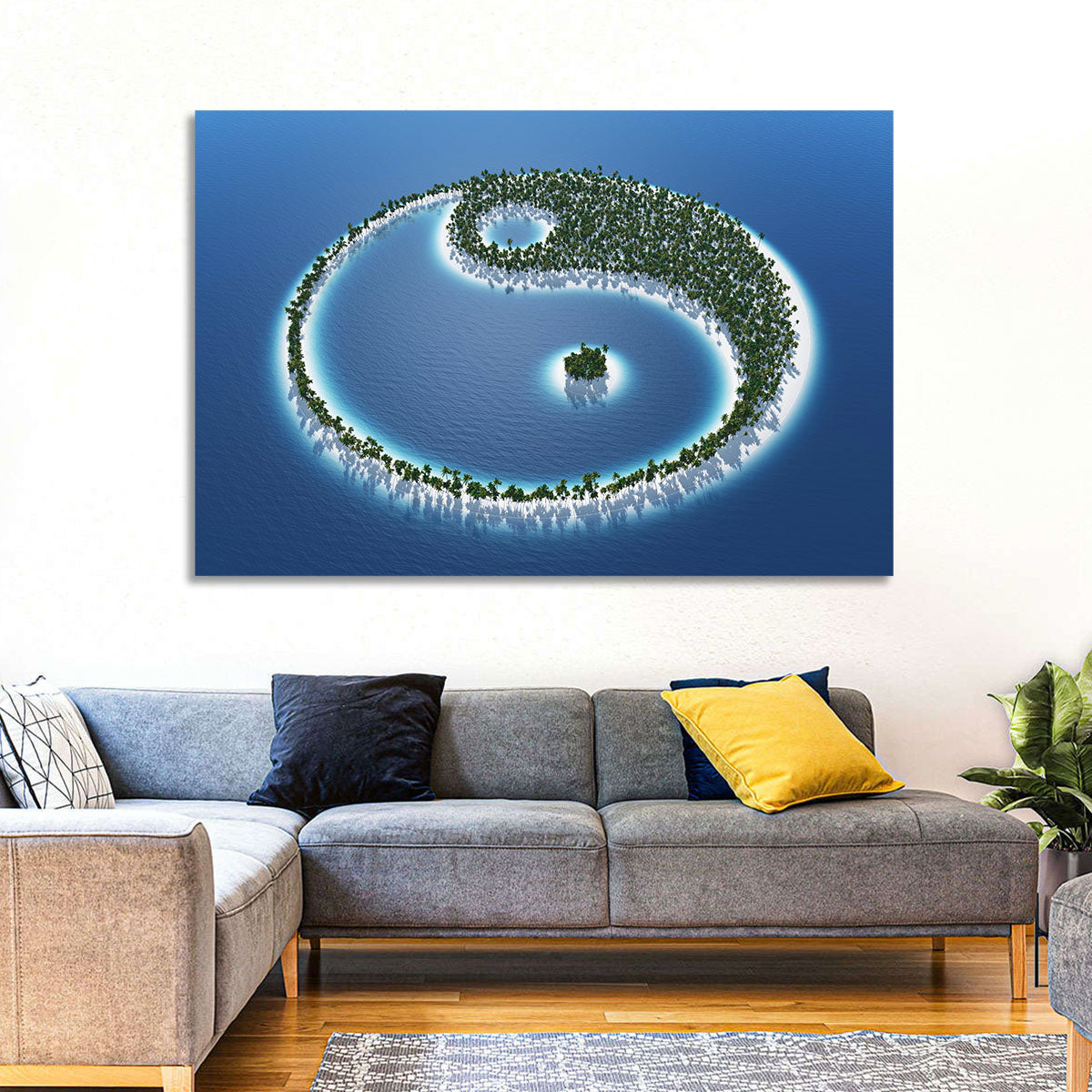 Yin Yang Tropical Island Aerial Wall Art in a room, landscape