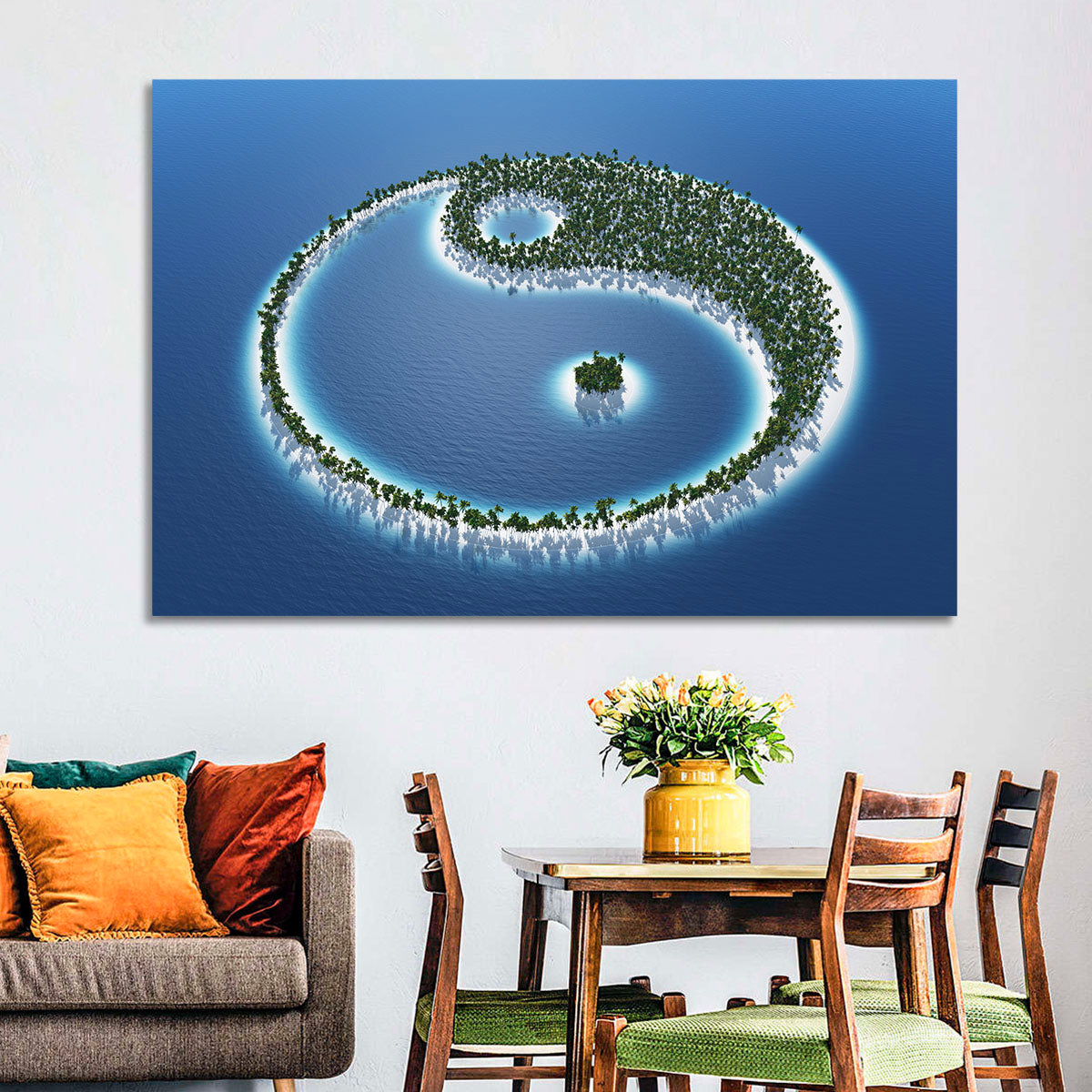 Yin Yang Tropical Island Aerial Wall Art in a room, landscape