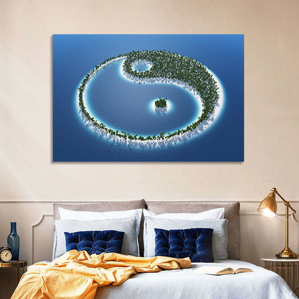 Yin Yang Tropical Island Aerial Wall Art in a room, landscape