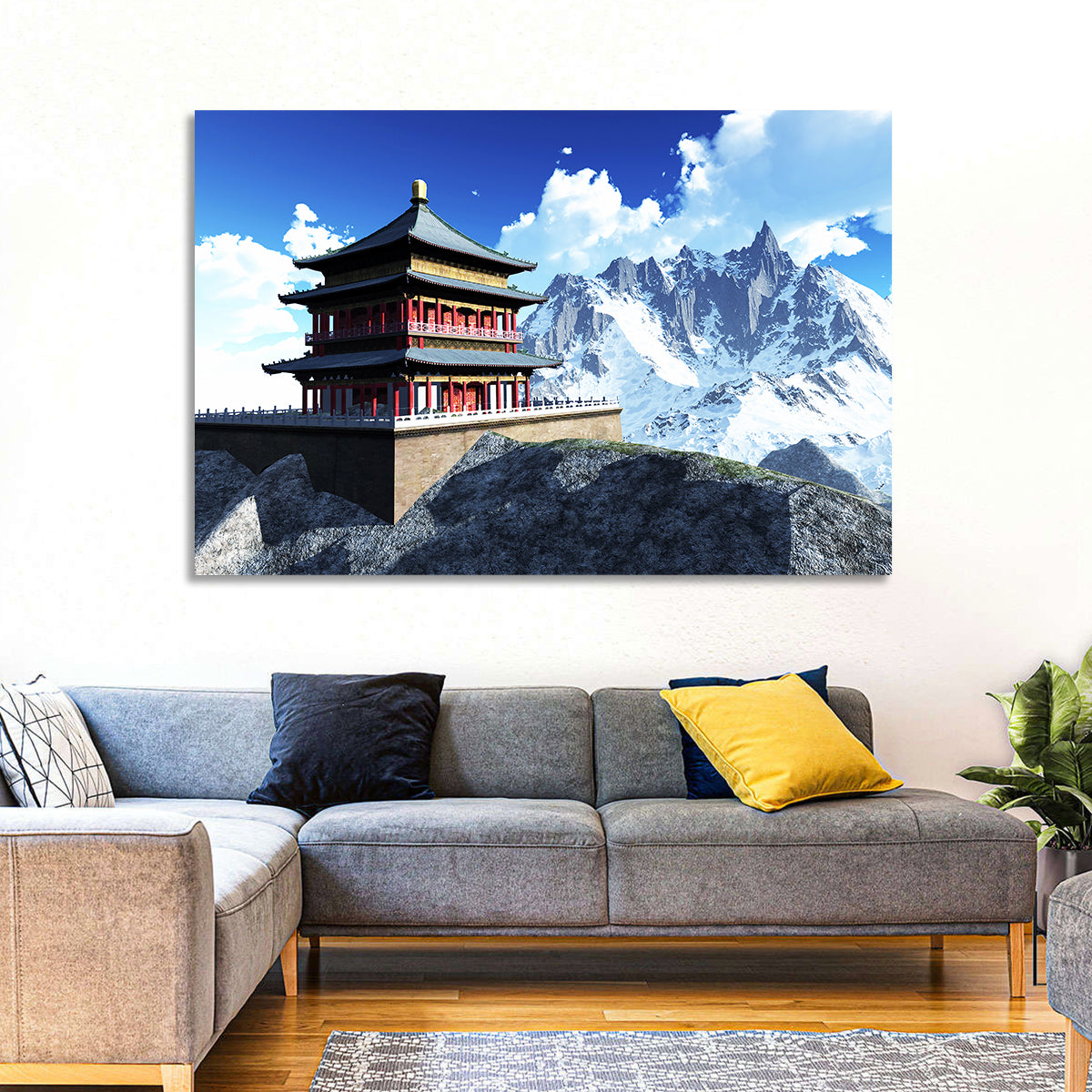 Sunlit Pagoda and Snow Peaks Wall Art in a room, landscape