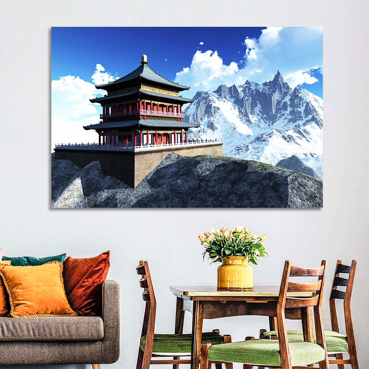 Sunlit Pagoda and Snow Peaks Wall Art in a room, landscape